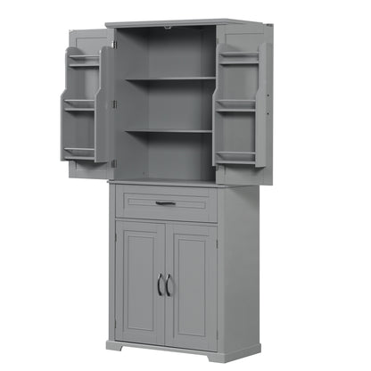 Tall Grey MDF Bathroom Storage Cabinet with Adjustable Shelf and Multiple Storage Solutions
