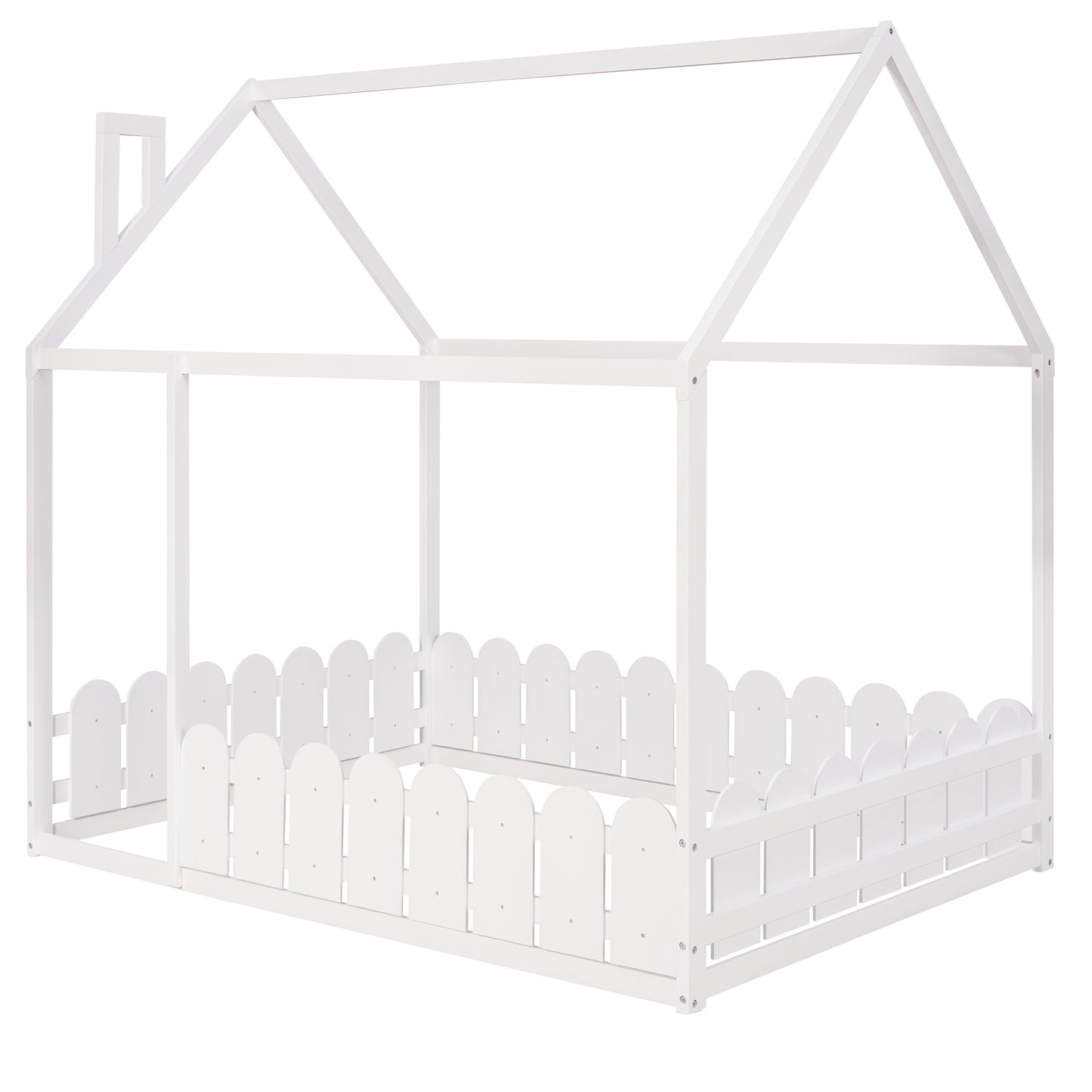 Full Size Wooden House Bed Frame with Fence for Kids and Teens - White (Slats Not Included)