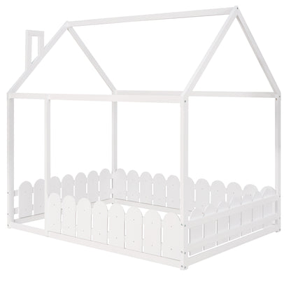 Full Size Wooden House Bed Frame with Fence for Kids and Teens - White (Slats Not Included)