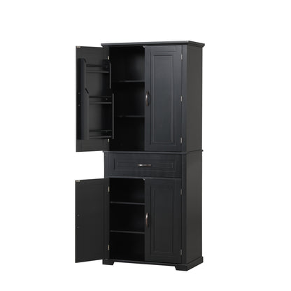 Tall Black Bathroom Storage Cabinet with Adjustable Shelf, Doors, and Drawer for Versatile Organization