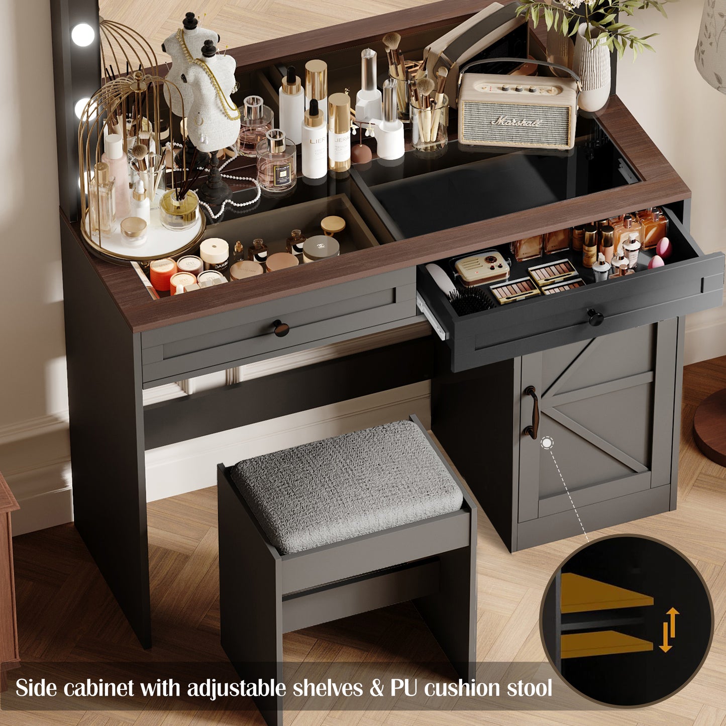 43.4-Inch Makeup Vanity Table with Mirror and 11 LED Lights, 3-Drawer Desk, Adjustable Brightness, Black