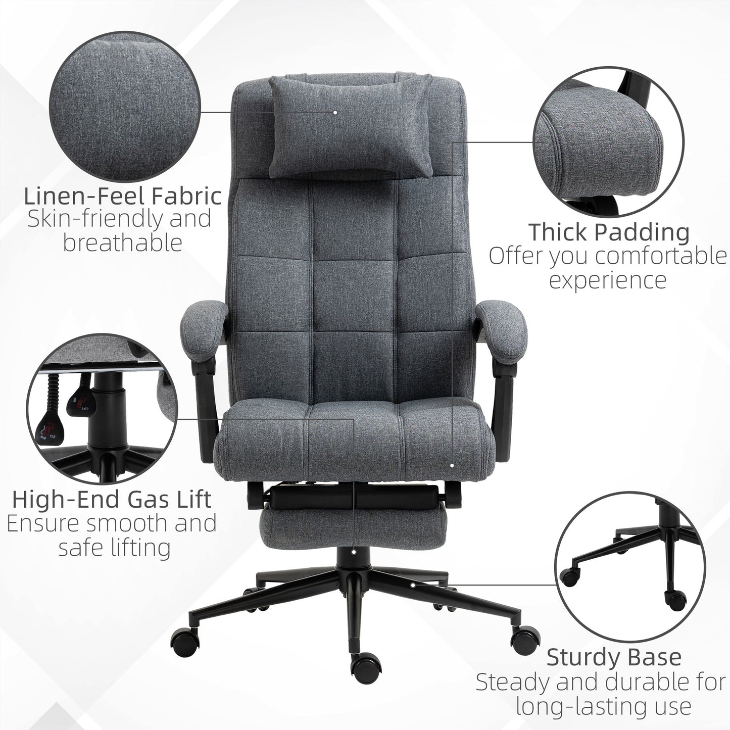 High Back Dark Grey Executive Office Chair with Adjustable Footrest, Headrest, and Padded Armrests - Swivel Task Chair with Linen-Feel Fabric