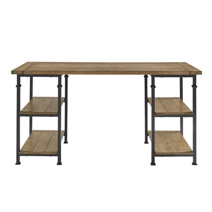 Rustic Industrial Writing Desk with 4 Open Shelves - Solid Wood and Metal Modern Office Table