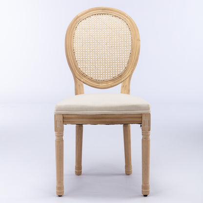 French-Style Solid Wood Dining Chair Set of 2, Linen, Rattan Back, Foam & Steel Spring Cushions, Beige
