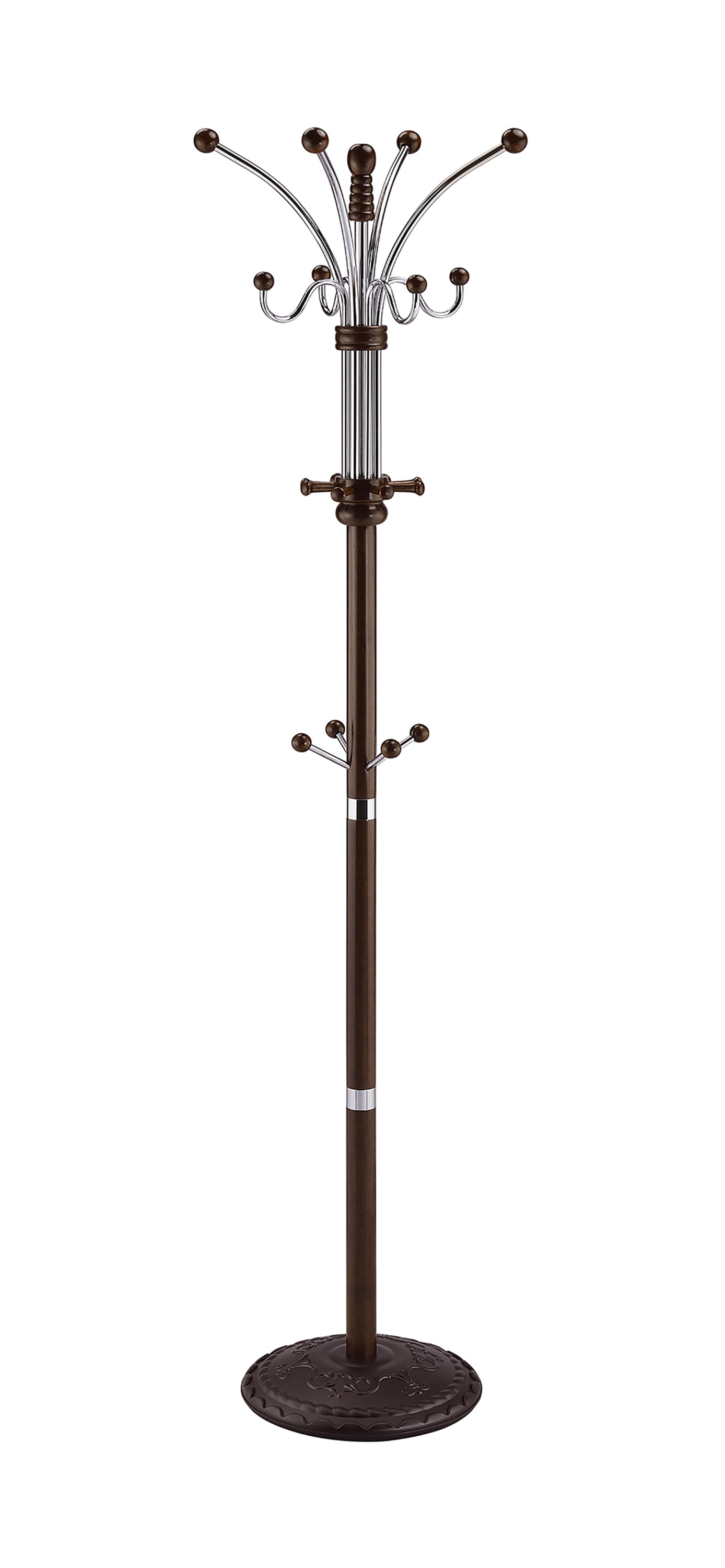 73-Inch Tall Wood and Chrome Coat Rack for Entryway, 22-Inch Base, Organizer, Espresso
