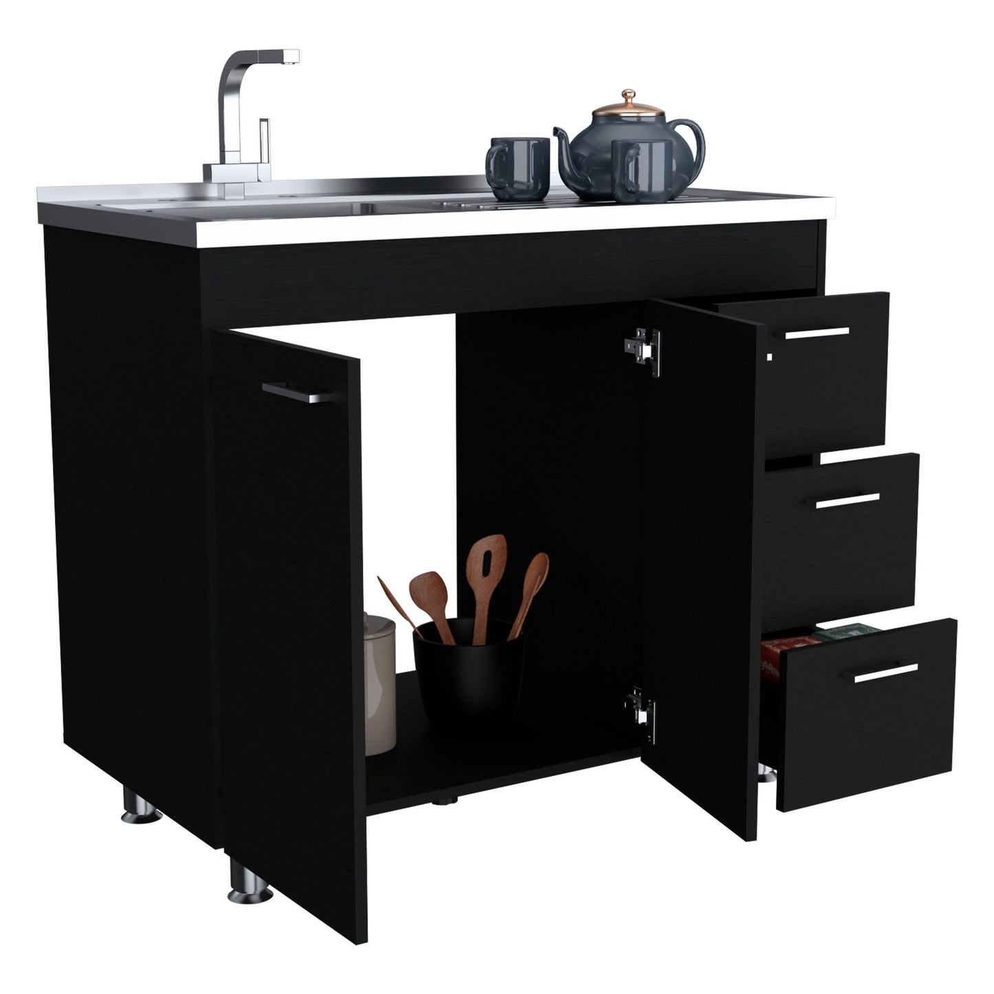 Modern Black Utility Sink with Three Drawers and Double Door Cabinet