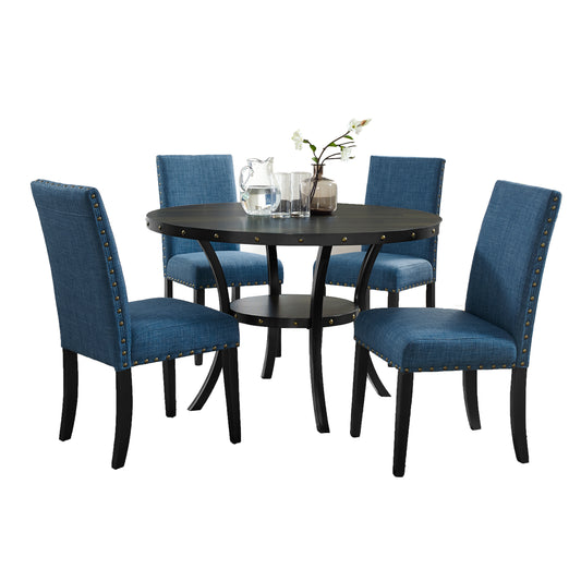 Espresso Wood Round Dining Set With Nailhead Chairs Blue