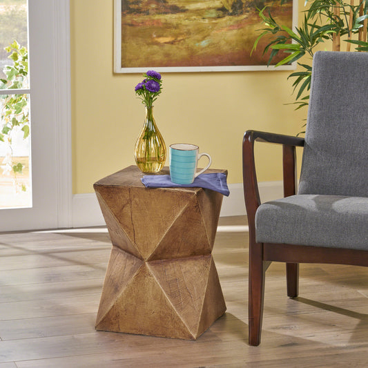 Modern Side Table with Abstract Hourglass Design, MgO Concrete, 12.5W x 12.5D x 17.75H, Natural