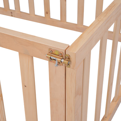 Natural Twin Size Wooden Floor Bed Frame with Playful Fence and Door
