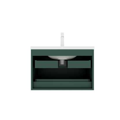 Modern 30" Wall-Mounted Bathroom Vanity with Green Accents and White Ceramic Sink, 2 Soft-Close Drawers