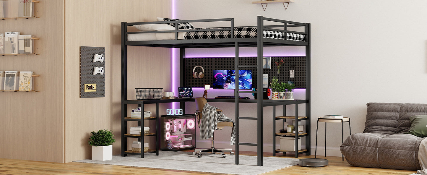 Stylish Full XL Metal Loft Bed with Integrated Desk and Storage Shelves, Ideal Space-Saving Solution for Bedrooms, Black Finish