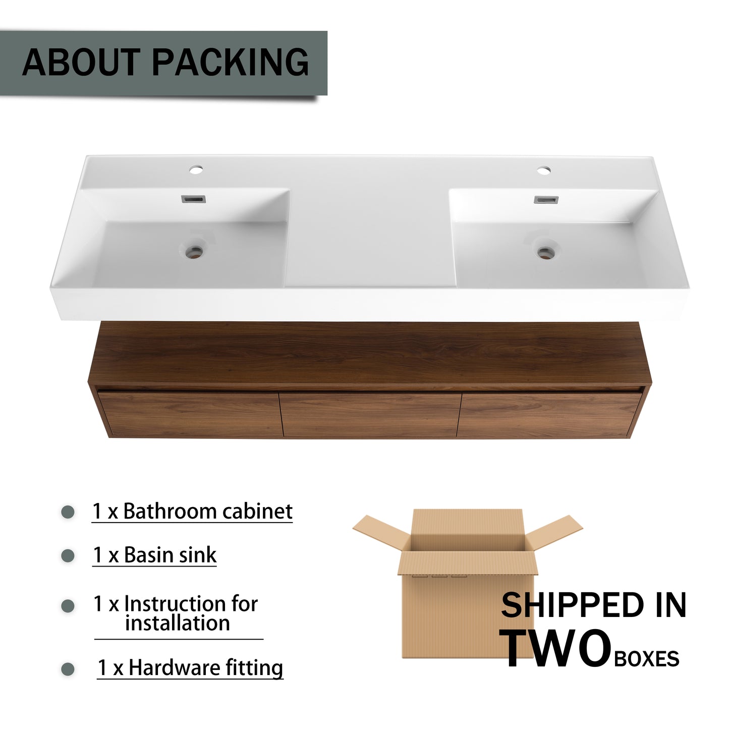 Contemporary 60-Inch Wall-Mounted Bathroom Vanity with Dual Resin Sinks, Soft-Close Drawers, and Floating Design