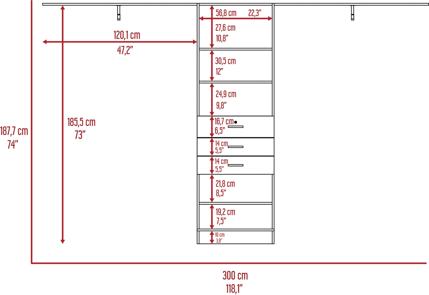 Versatile Dark Walnut Closet System with Adjustable Size, Multiple Hanging Rods, Drawers, and Shelves