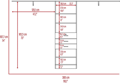 Versatile Dark Walnut Closet System with Adjustable Size, Multiple Hanging Rods, Drawers, and Shelves