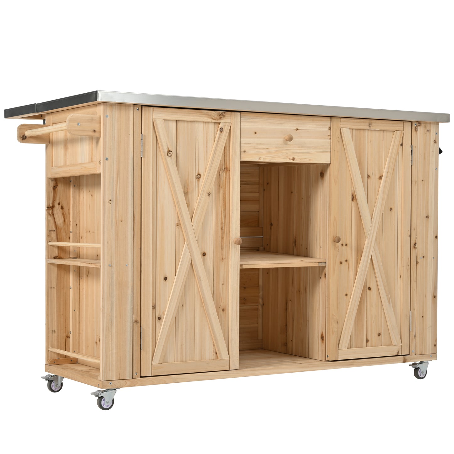 Outdoor Kitchen Island Fir Wood With Stainless Steel Top Ample Storage Bottle Opener Natural