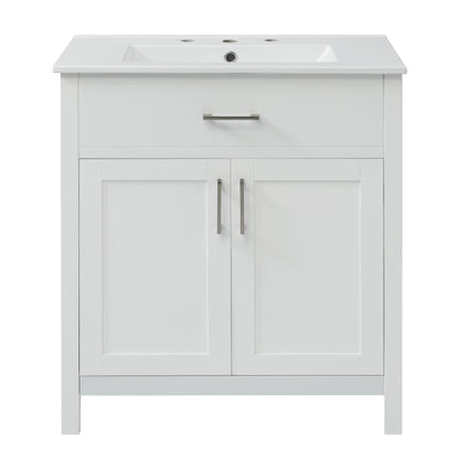 Elegant 30-Inch White Bathroom Vanity with Ceramic Sink and Ample Storage for Compact Spaces