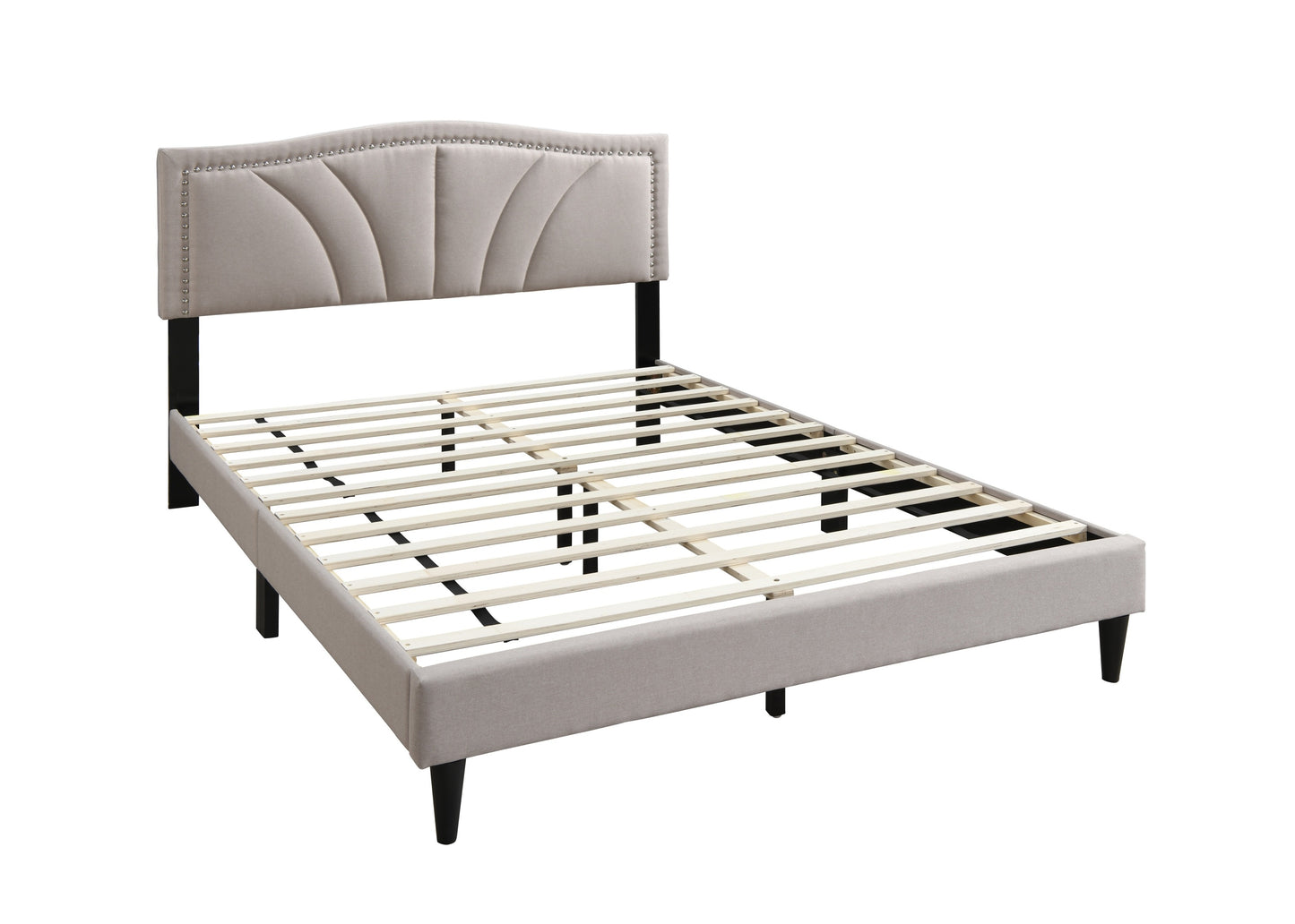 Chic Vintage Queen Bed with Light Brown Burlap Fabric and Nailhead Trim Headboard