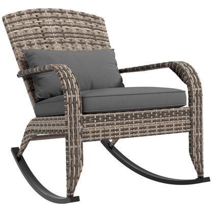 Outdoor Wicker Adirondack Rocking Chair With High Back Seat Cushion And Pillow Patio Garden Porch Balcony Rattan Gray