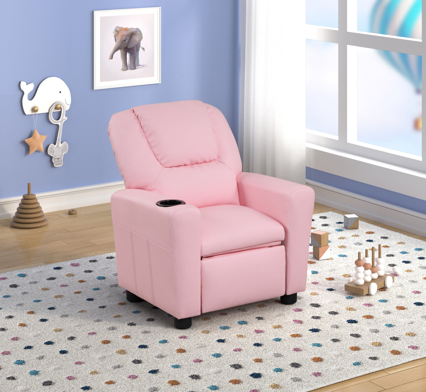 Kids PU Leather Recliner Chair with Cup Holder, 21 x 23 x 27 in, 24 lb, Youth Room Chair Pink