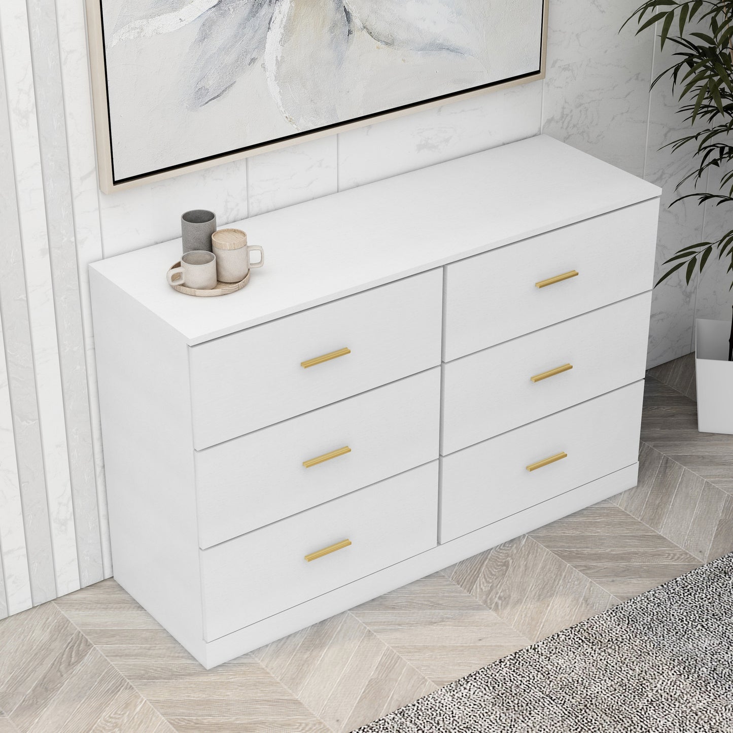 Elegant Antique White 6-Drawer Chest - Modern Storage Solution for Bedrooms