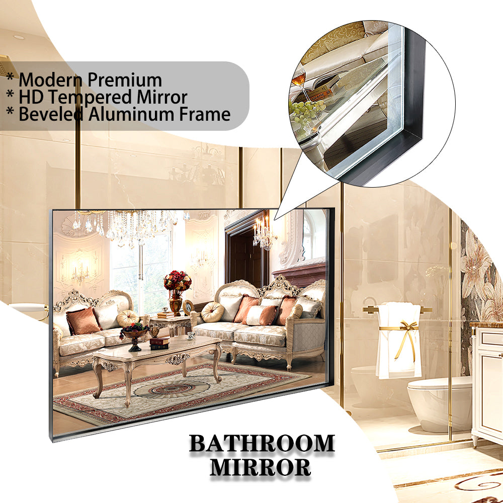 40x30inch Glossy Black Bathroom Mirrors For Wall Rectangle Vanity Mirror Corner Hangs Farmhouse Mirror Modern Metal Framed Rectangular Mirror, Decorative Square Corner Mirror(Horizontal & Vertical)
