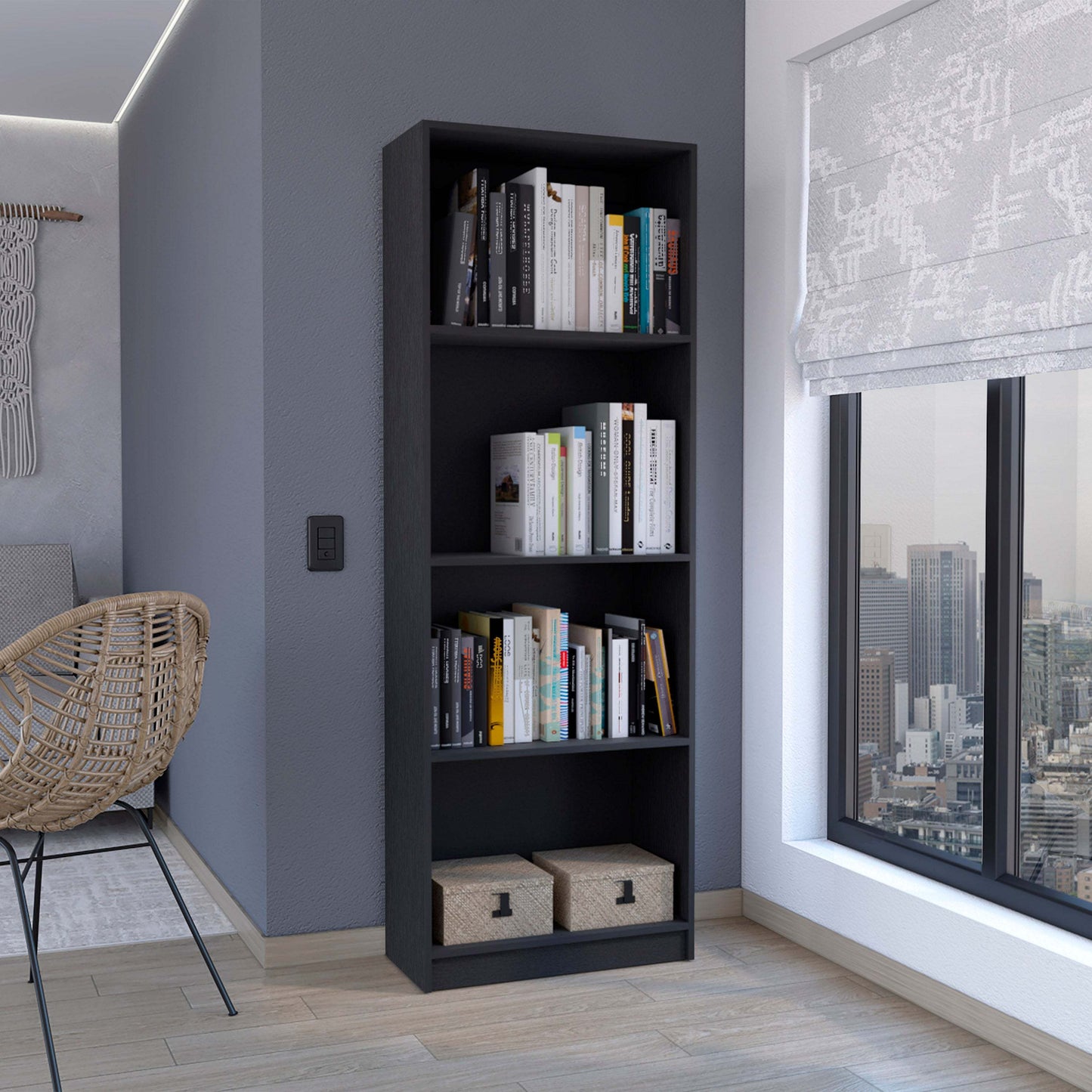 Modern 4-Shelf Black Bookcase - Stylish Display Unit for Home and Office Decor