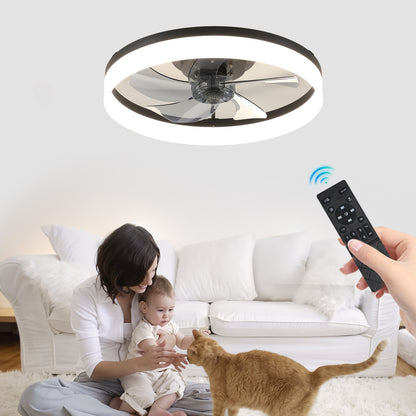 Ceiling Fan with Dimmable LED Light, 19.7in Dia, 30W, 110V, Remote, 10-20m2, Low Ceiling White-Black