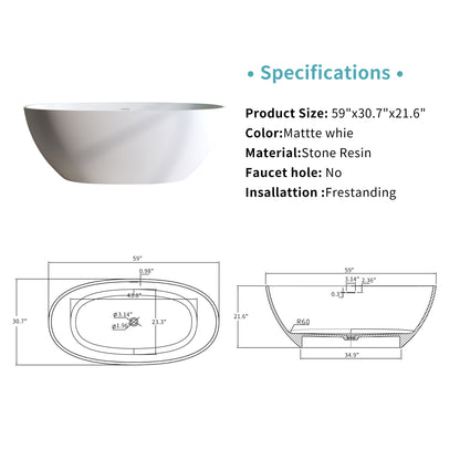 59'' Oval Matte White Solid Surface Freestanding Soaking Tub with Center Drain and Pop-up Drain System