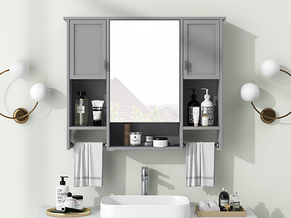 35'' x 28'' Modern Wall Mounted Bathroom Storage Cabinet, Bathroom Wall Cabinet with Mirror, Medicine Cabinet with Towels Bar
