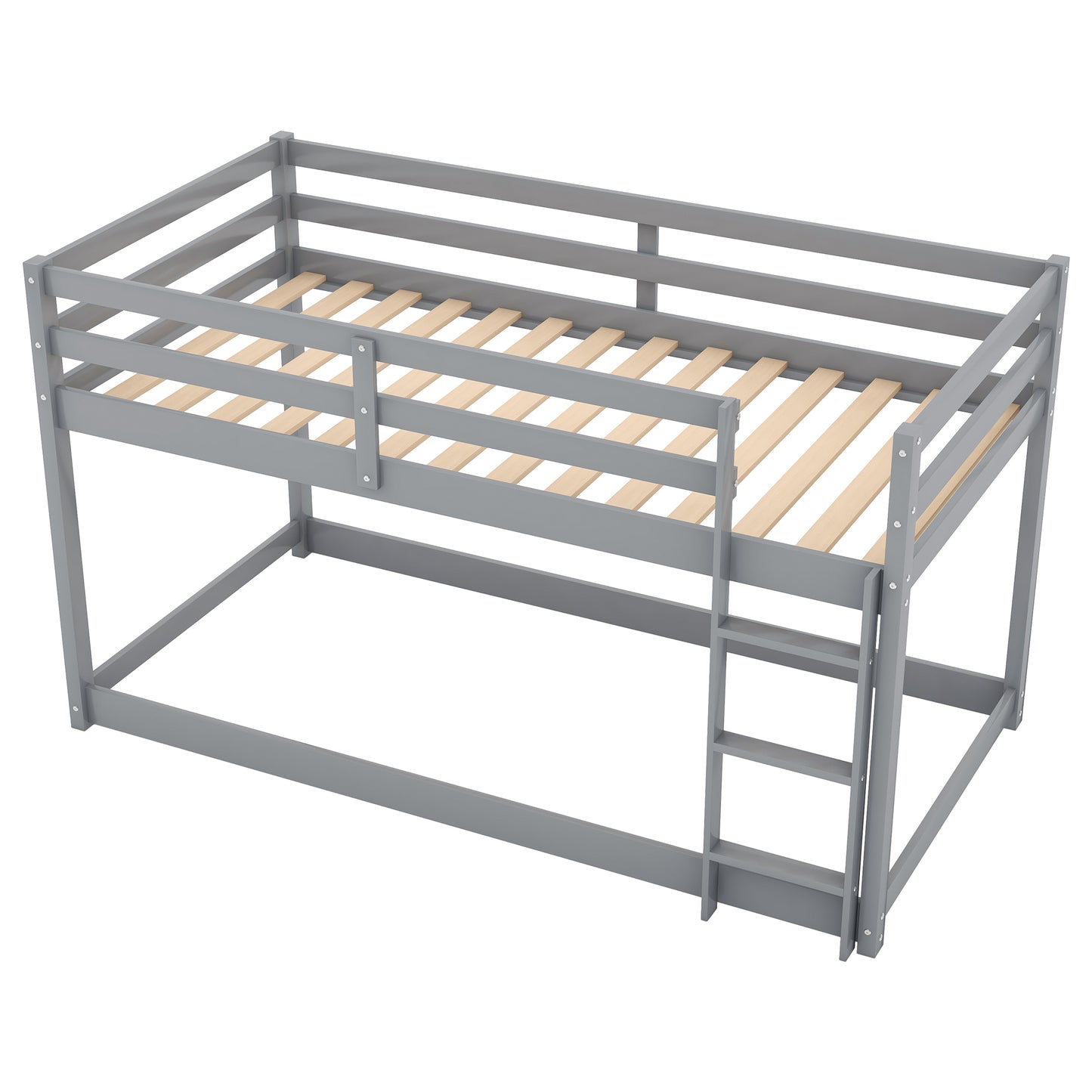 Gray Twin Over Twin Floor Bunk Bed with Ladder for Kids