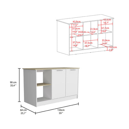 Modern Light Oak & White Kitchen Island with Open Shelves and Cabinets