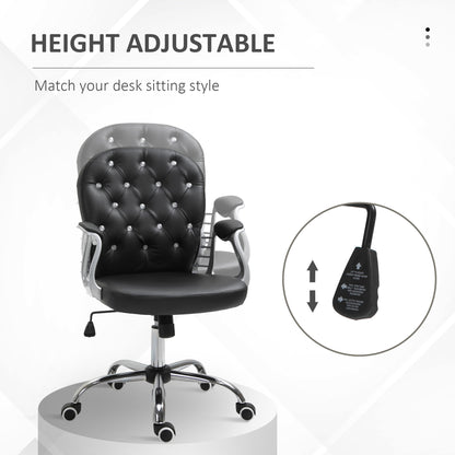 Button-Tufted Adjustable Black PU Leather Desk Chair with Padded Armrests and Swivel Wheels