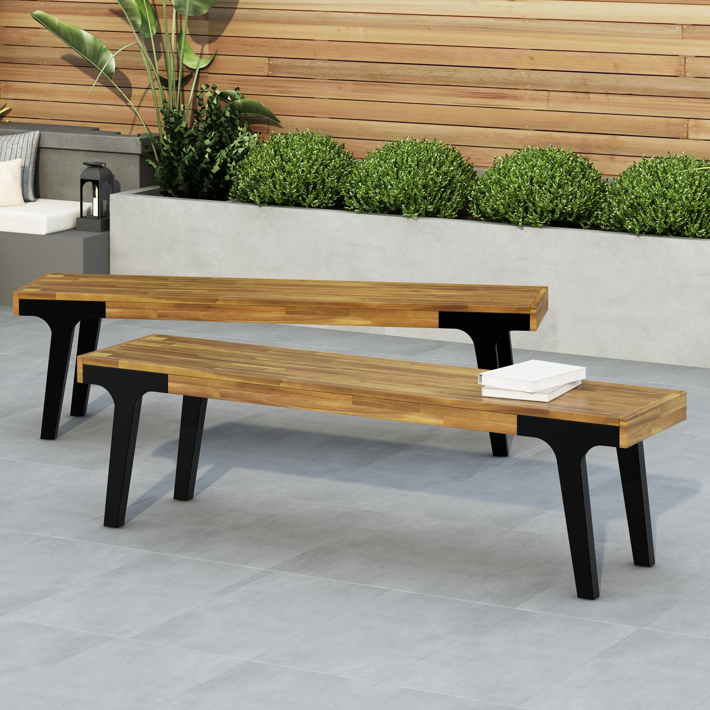 Outdoor Dining Bench Set of 2, 63 in, Acacia Wood Slat Panel, Modern Weather-Resistant Patio Teak