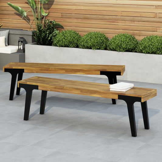 Outdoor Dining Bench Set of 2, 63 in, Acacia Wood Slat Panel, Modern Weather-Resistant Patio Teak