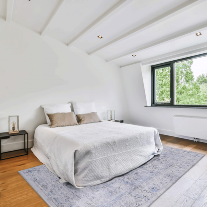 8x10 Machine-Washable Area Rug, Low-Pile, Non-Slip, Foldable, Kid & Pet Friendly - Blue & Cream