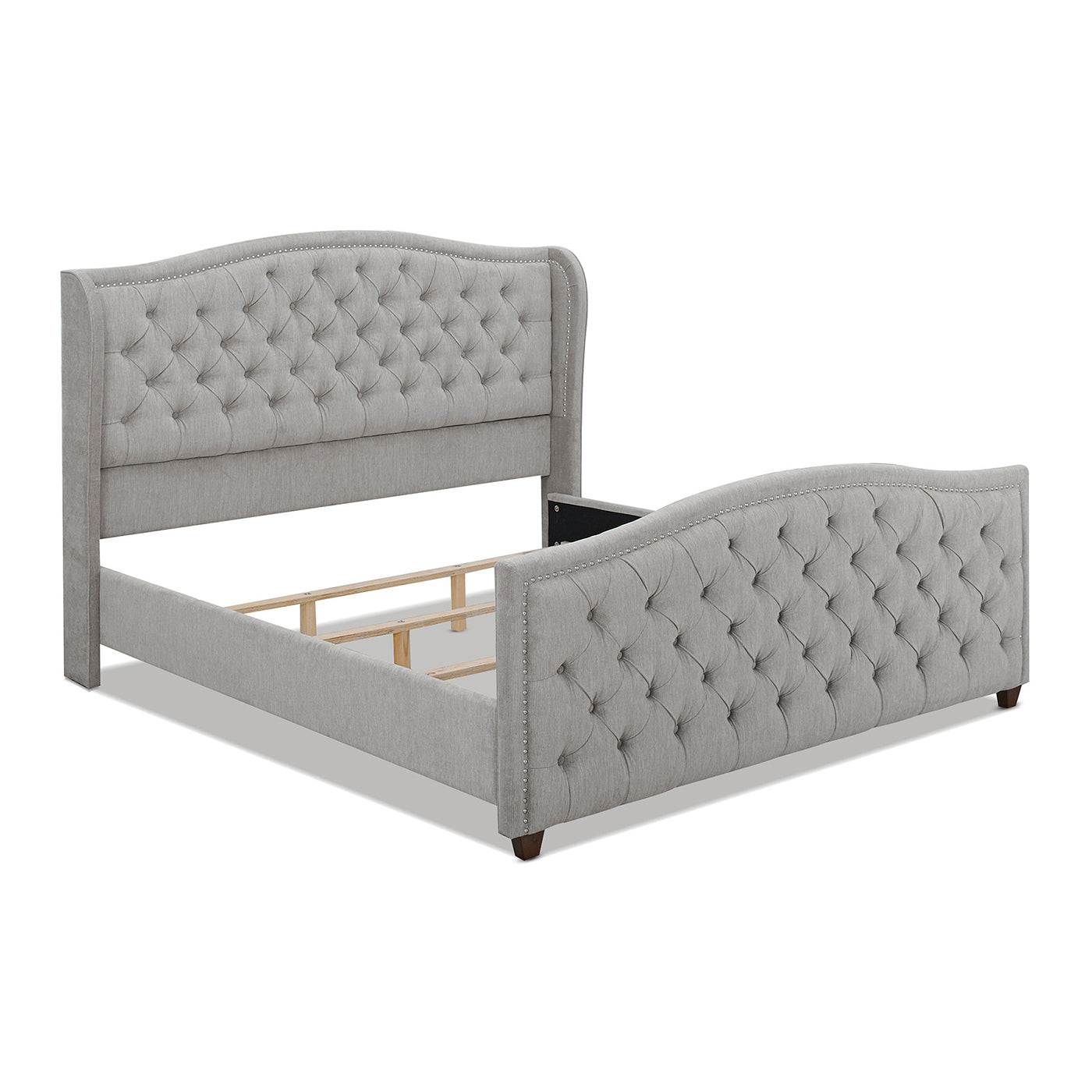 Marcella King Size Upholstered Shelter Headboard Bed Set in Silver Grey