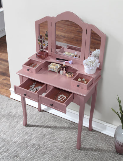 Wooden Vanity Makeup Table and Stool Set with Large Mirror, Storage Drawers, Drawer Organizer for Bedroom, Rose Gold