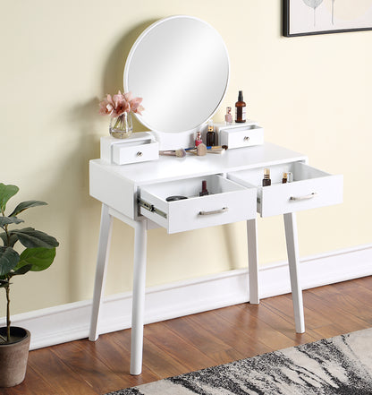 Contemporary Wood Vanity and Stool Set for Bedroom or Dressing Area with Drawer Storage, Modern Style, White