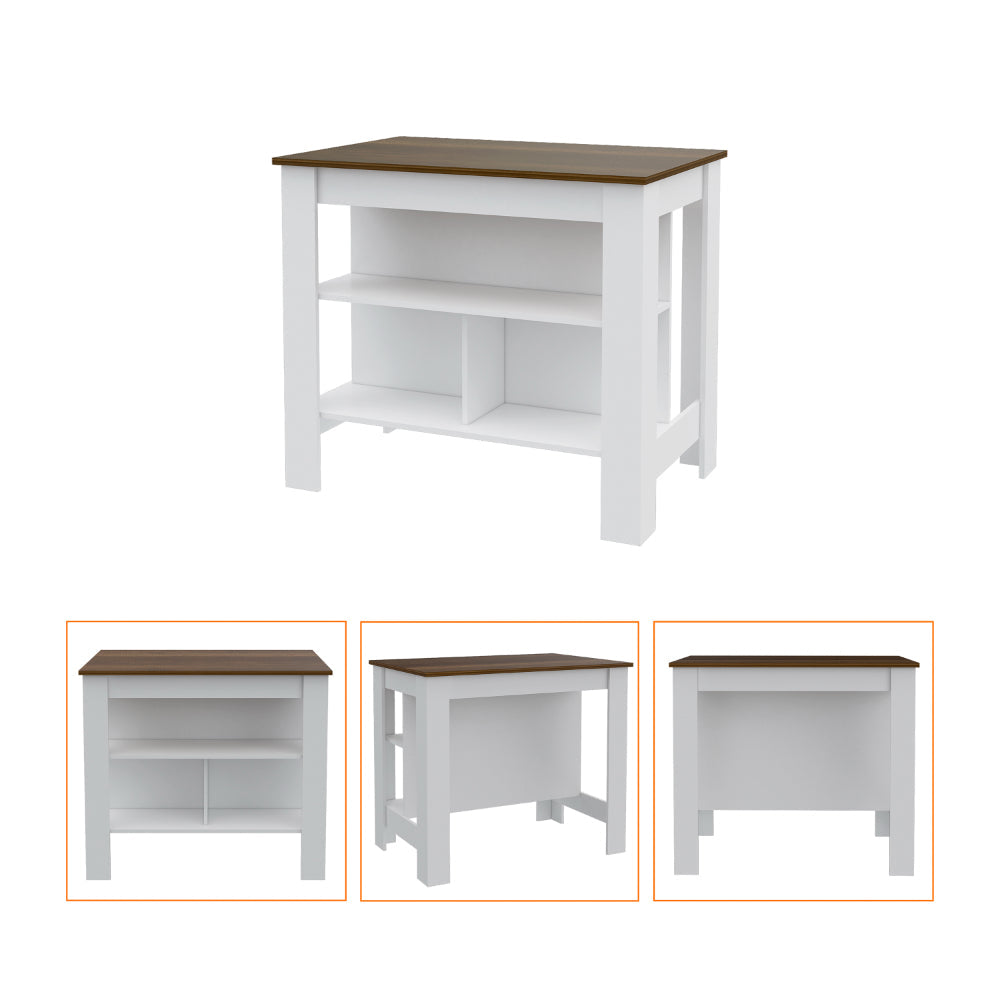 Elegant White and Walnut 2-Piece Kitchen Set with Island and Glass-Front Wall Cabinet