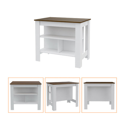 Elegant White and Walnut 2-Piece Kitchen Set with Island and Glass-Front Wall Cabinet