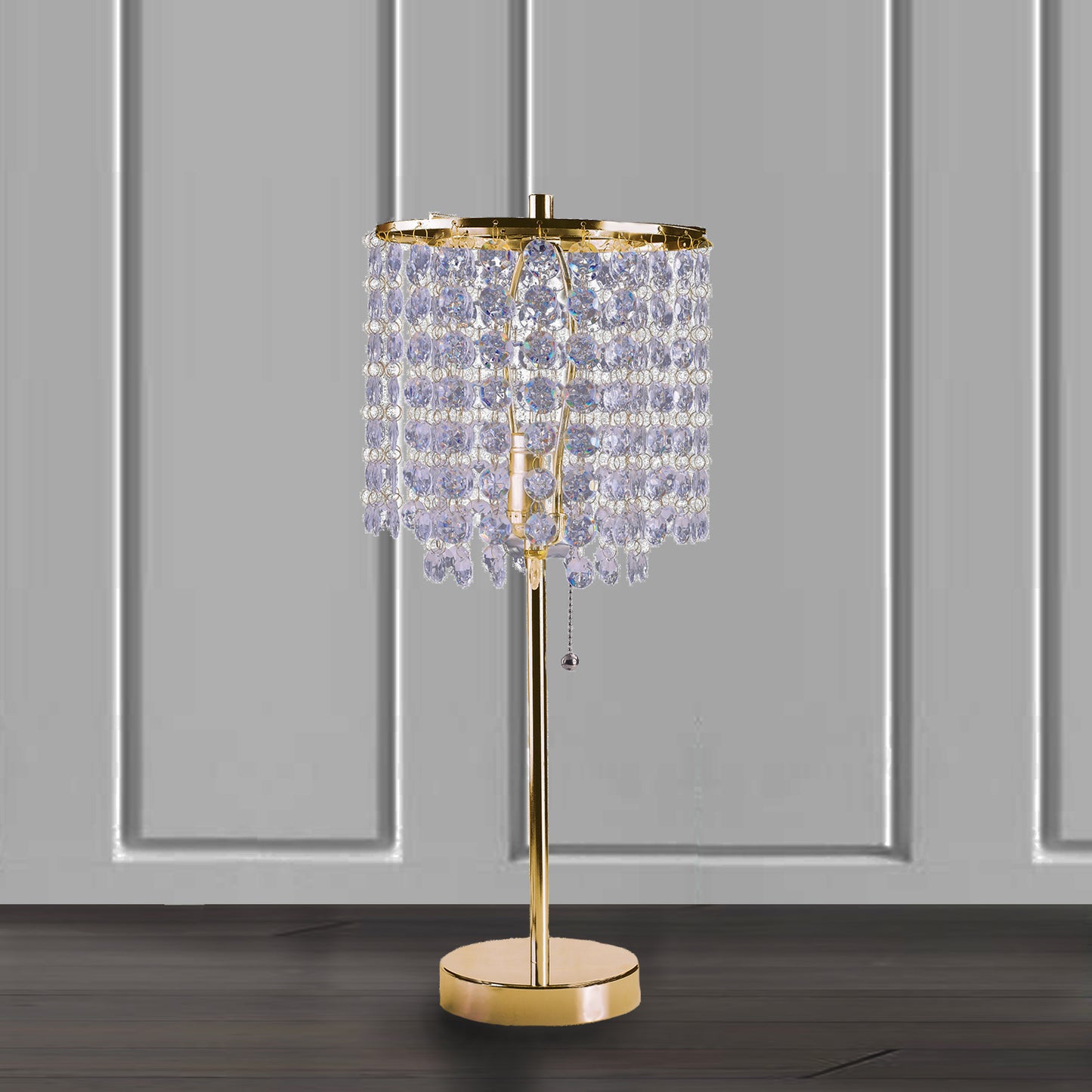 19-Inch Metal Table Lamp with Crystal Beads, Pull-Chain, 40W Type A or 23W CFL/LED Compatible, Gold