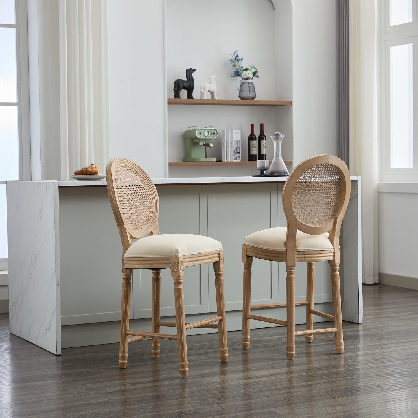 Solid Wood Bar Stools Set of 2 Beige Upholstered Seating