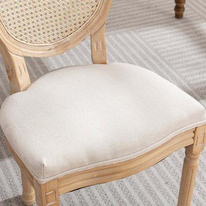 French-Style Solid Wood Dining Chair Set of 2, Linen, Rattan Back, Foam & Steel Spring Cushions, Beige
