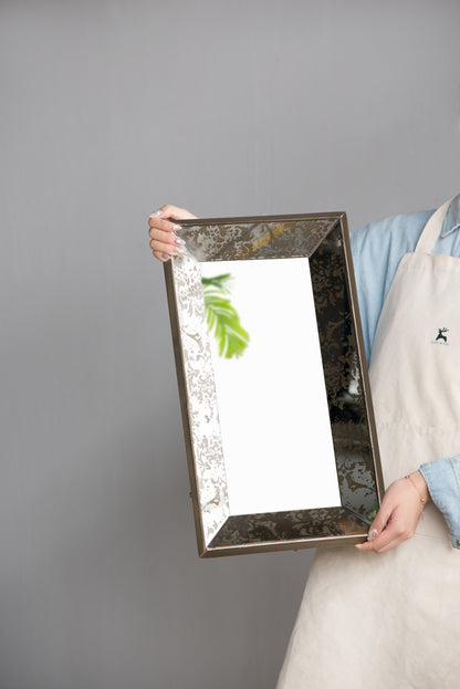 Antique Silver Floral Accented Rectangle Mirror & Versatile Display Tray - 24" x 15"