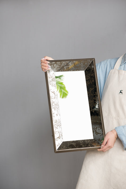 Antique Silver Floral Accented Rectangle Mirror & Versatile Display Tray - 24" x 15"