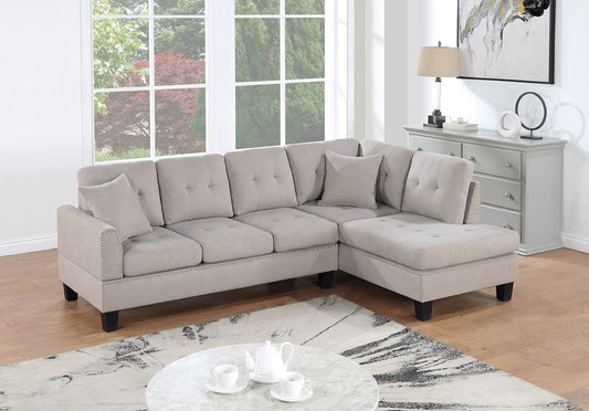 2-Piece LAF Sofa & RAF Chaise Sectional, Velvet Tufted, Nailhead Trim, Livingroom 99x66x35in Mushroom