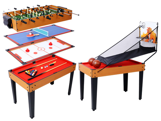 5-in-1 Game Table: Billiards, Ping Pong, Foosball, Basketball, Push Hockey; 43x24x32 in MDF+Steel Brown/Red