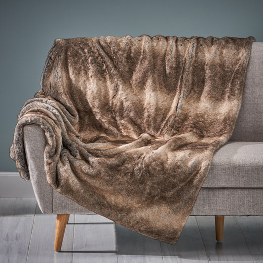 60 x 50-Inch Faux Fur Throw Blanket with One-Sided Striped Pattern, Plush Cozy Warmth for Sofa, Brown