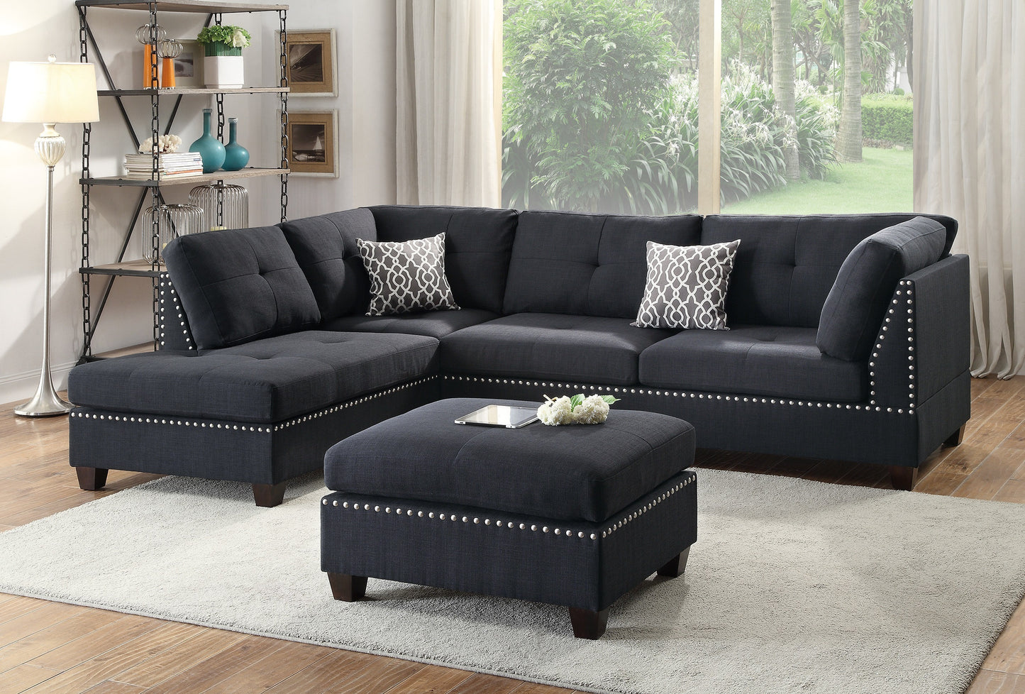 3-Piece Reversible Sectional Sofa with Chaise and Ottoman, Polyfiber Cushions, Modern Style, Black