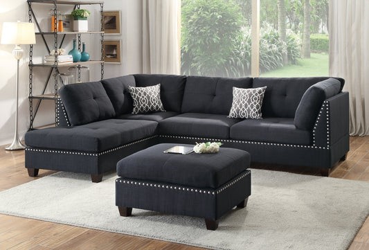 3-Piece Reversible Sectional Sofa with Chaise and Ottoman, Polyfiber Cushions, Modern Style, Black